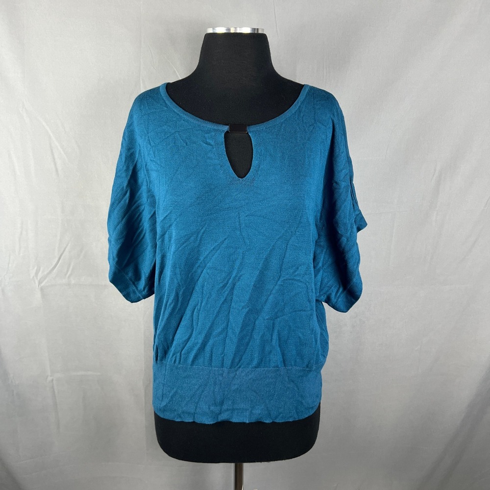 Joseph A. Sweater Womens Large Teal Blue Tight Knit Keyhole Front Dolman Sleeve